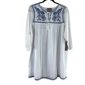 NEW For Cynthia Beachwear White w/Blue Floral Embroidery Beachy Coverup Sz L‎